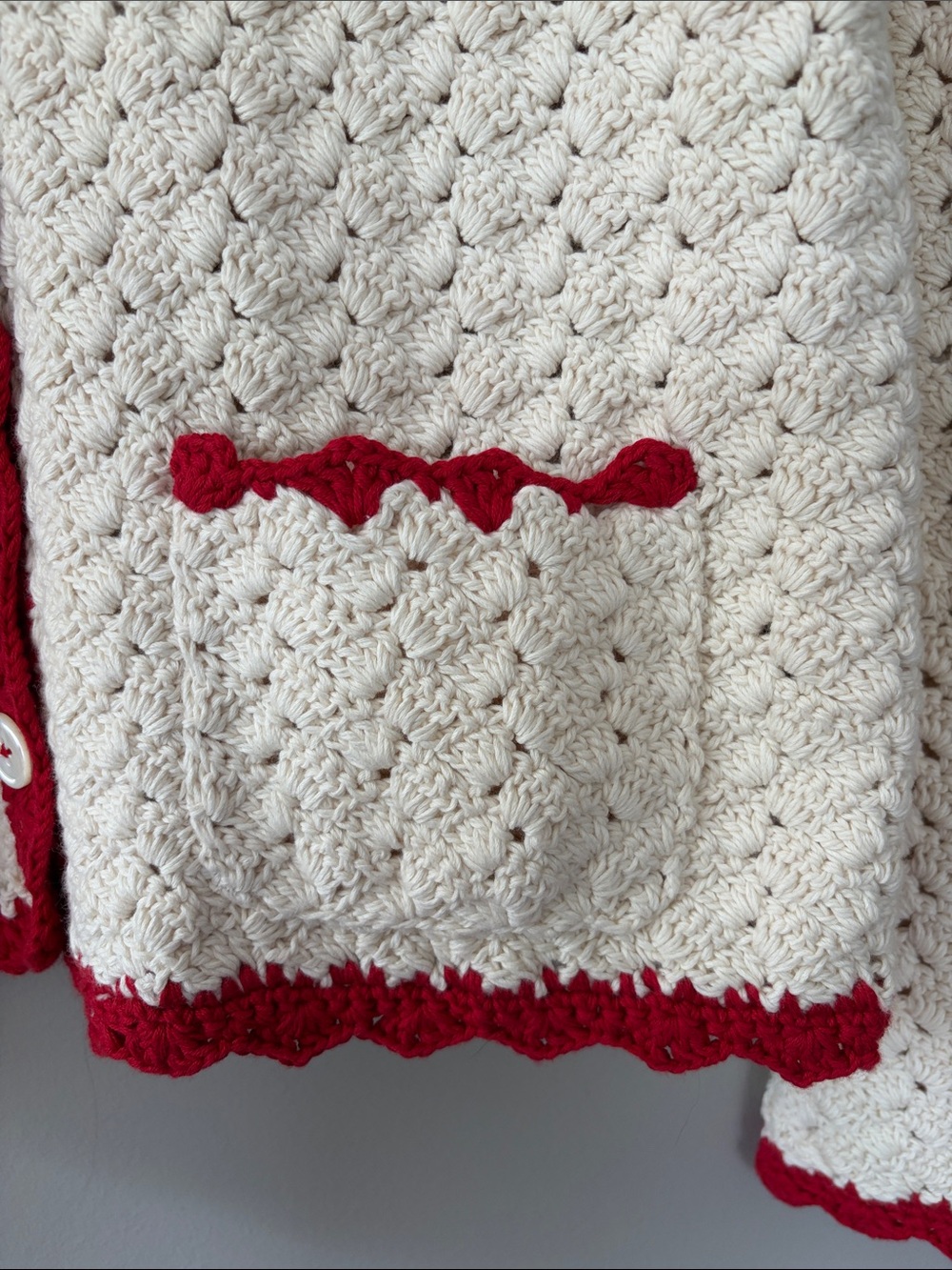 Alex Mill Molly Hand Crochet Knit Cardigan Cream  Red Large Cottagecore Coastal - Picture 5 of 10